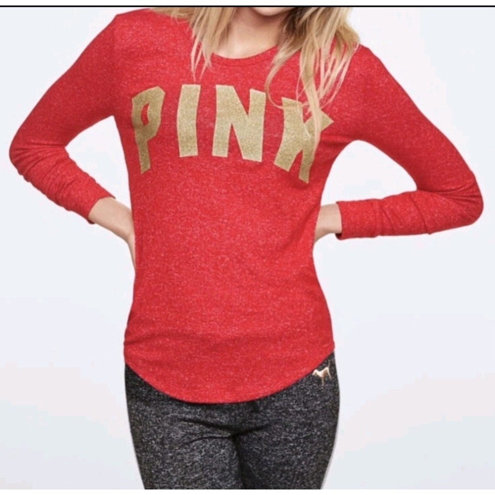 Victoria's Secret PINK Red Gold Graphic Logo Sleep Top‎ T-Shirt Glitter Size M